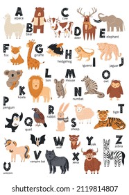 Cute zoo vector poster with cartoon animals. A set of children's ABC elements in a hand-drawn style. Animal alphabet for learning, kids room design, kindergarten, school preparation, learning.