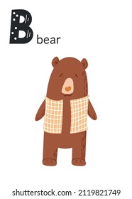 Cute zoo vector poster with cartoon animals. ABC poster of bear in a hand-drawn style. Card for teaching children the alphabet.