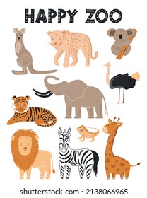 Cute zoo vector poster with cartoon animals. Set of animals in hand drawn style: kangaroo, leopard, koala, tiger, elephant, ostrich, lion, zebra, iguana, giraffe. Vector poster for kids education.