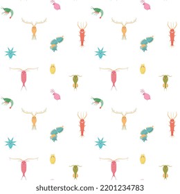 Cute zooplankton seamless pattern, flat vector illustration on white background. Cartoon characters of underwater life inhabitants. Childish plankton animals.
