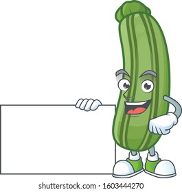 cute zucchini cartoon character with a board