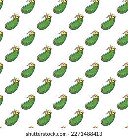 Cute Zucchini seamless pattern in doodle style. Vector hand drawn cartoon Zucchini illustration. Hand drawn Sketch of Zucchini. Pattern for kids clothes.