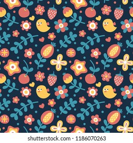 Cute_pattern with bird, flower, plant, leaf, berry, cherry, strawberry
