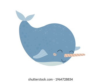 Cute,adorable narwhal, baby animal with horn, smiling in cartoon style isolated on white background. Cheerful aquatic character.