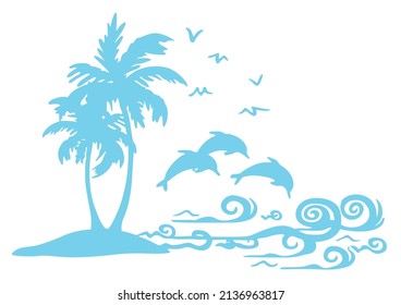 

Cute-Beach, Palm Trees, Island Dolphins and Ocean Sea. Wall Sticker.