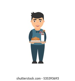 Cute,beautiful character of the boy in the pajamas. Holds the milk and cookies. Vector in flat style.