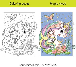 Cutebeautiful unicorn head and flowers. Cartoon vector illustration. Kids coloring book page with color template. For coloring, education, print, game, decor, puzzle, design