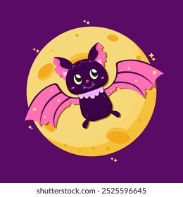 Cute,cartoon bat flying on the moon.Halloween flying bat.Vector design