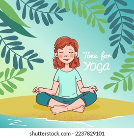 Cutegirl practicing yoga. Kids Yoga vector illustration. Summer landscape background
