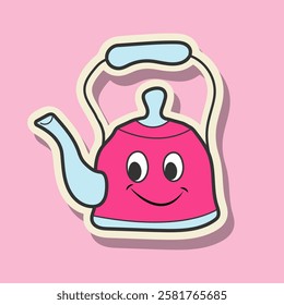 CuteHand Drawn Y2K Sticker Kettle Isolated On Pink Background. Vector Illustration Doodle Element Hand Drawn. Sticker Suitable For Valentine's Day, Birthday, Wedding.