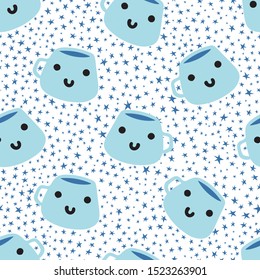 Cute,kawaii coffee mugs and stars repeat seamless pattern for wrapping paper,wallpaper,fabrics,stationary.