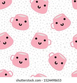 Cute,kawaii coffee mugs and stars repeat seamless pattern.