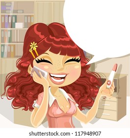 Cutel girl in office says on the phone about a positive pregnancy test result
