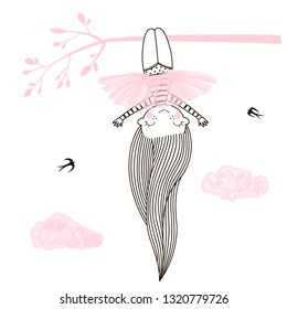 Cutelittle girl in pink ballerina skirt hanging head down on the tree. Vector doodle illustration in pink colour for girlish designs like textile apparel print, wall art, poster, stickers, cards and