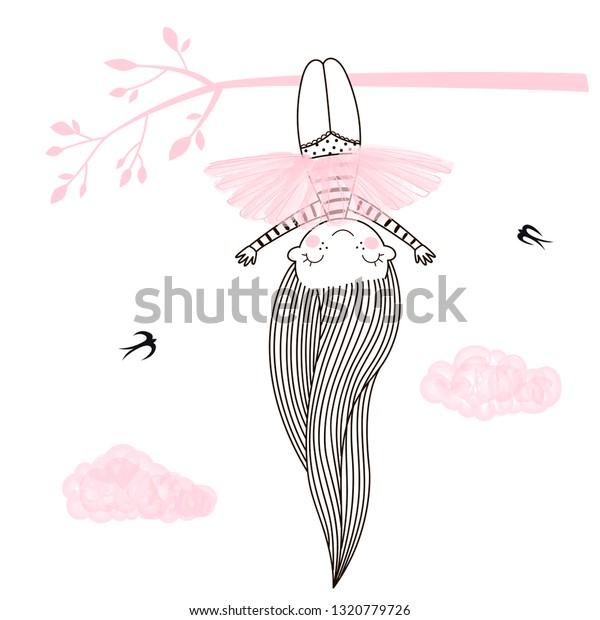 ピンクのバレリーナのスカートをかぶったかわいい女の子が木の上に頭を下げています ピンク色のベクター落書きイラストで 繊維アパレルプリント 壁画 ポスター ステッカー カード のベクター画像素材 ロイヤリティフリー