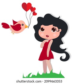 cute,lovely and beautiful girl and cute bird with hearts. vector,illustrator