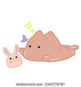 The cuteness of the brown cat cartoon with rabbit filling boring and sleepy On white background . Vector illustration.