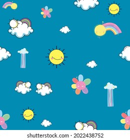 The cuteness of clouds, sun, rainbows and rainbow flowers. on a pastel green background.