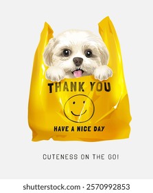 cuteness on the go slogan with cute shizhu puppy in yellow plastic bag vector illustration