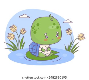 Cuteness turtle sitting on leaf on lake with flowers. Funny little cartoon kawaii character animal. Vector illustration. Kids collection