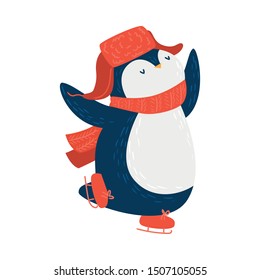 Cutepenguin ice skating. Raster illustration in flat cartoon style