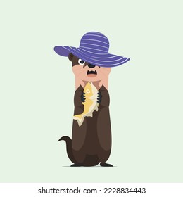 Cuter otter wearing beach hat while holding a fish. Summer illustration