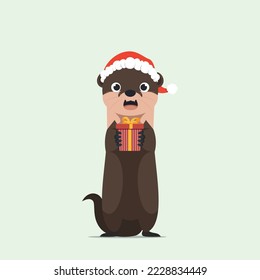 Cuter otter wearing santa hat while holding a gift box. Christmas illustration