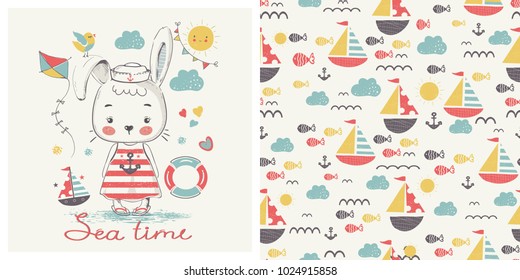 Cute,rabbit sailor.cartoon hand drawn vector illustration. Can be used for baby t-shirt print, fashion print design, kids wear, baby shower celebration greeting and invitation card.