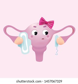 Cuterus - cute human uterus organ choosing a pad or tampon. Vector cartoon character illustration. Isolated on pink background.