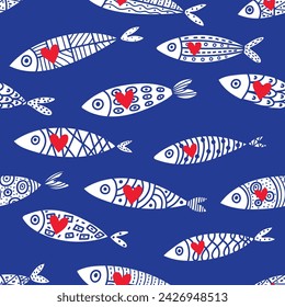 Cutesardines and heart. Kids background. Seamless pattern. 
Can be used in textile industry, paper, background, scrapbooking.