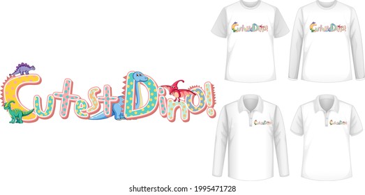 Cutest Dino font and Dinosaur cartoon character logo with different types of shirts illustration