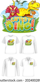 Cutest Dino font and Dinosaur cartoon character logo with different types of shirts illustration