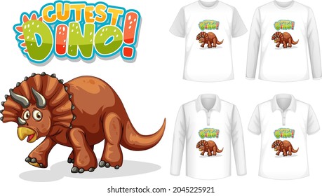 Cutest Dino font and Dinosaur cartoon character logo with different types of shirts illustration