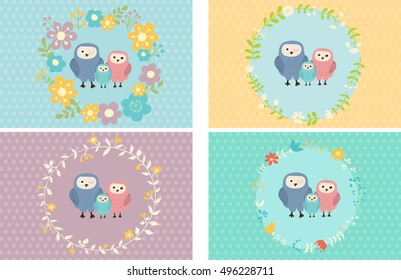 Cutest family of owls on sweet invitation cards. Can be used for celebration cards, invitation, baby shower cards, scrapbooking, celebration stuff like a wishes cards, name cards, etc.