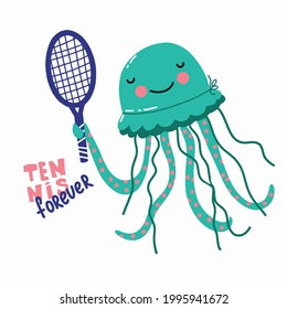 The cutest jellyfish playing on tennis. Vector art, cartoon style with hand drawn lettering