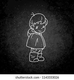 Cutest kid in rain suit. Illustration isolated on white background. Design element for print, t-shirt, poster, card, banner. Vector chalk illustration on blackboard.