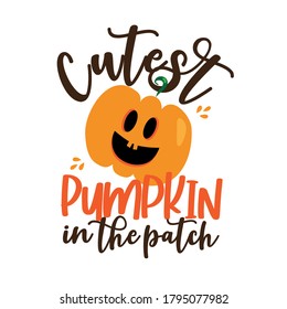Calabaza más guapa en el parche - texto divertido de Halloween con calabaza sonriente.
Bien por la decoración de la fiesta de Halloween, tarjeta de invitación, afiche, pancarta, huella textil...