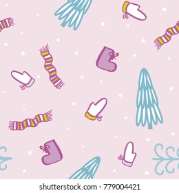 Cutest seamless winter pattern with decorative elements: pretty spruce trees,  nice winter boots, scarfs and lovely mittens. Endless pattern for children's clothes design, textile design, kid's things