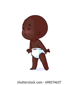 Cutest shy African American baby in the diaper. The funny cartoon character. Vector illustration isolated on a white background.