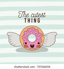 the cutest thing poster of animated donut with wings and lines colorful background vector illustration