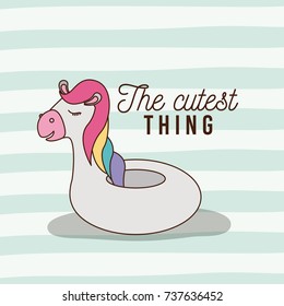 the cutest thing poster of inflatable unicorn with wings and lines colorful background vector illustration