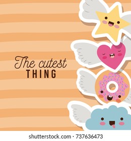 the cutest thing poster with star cloud heart and donut with wings in colorful lines background vector illustration