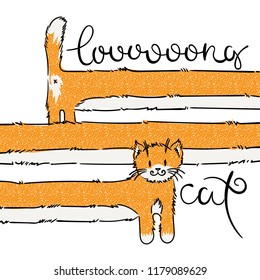 Cutest very long cat. Joke vector illustration for kids, prints, design, cards, t-shirt.