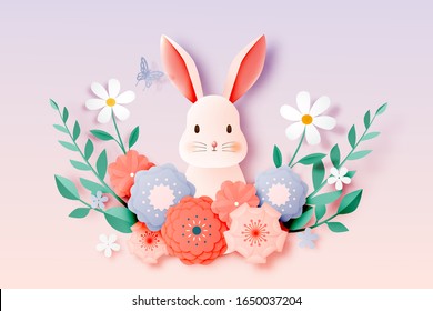 Cutet rabbit and floral paper art with pastel color scheme vector illustation