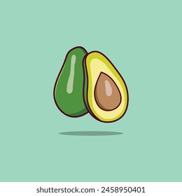 Cutevector avocados illustration. Whole and cut avocado isolated on green background.