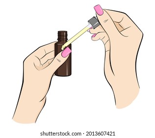 Cuticle oil. A vial of oil and a dropper in hand