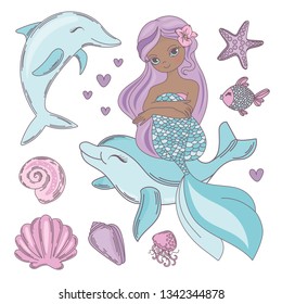 CUTIE BABY Black Mermaid Cartoon Sea Ocean Underwater Travel Tropical Vector Illustration Set