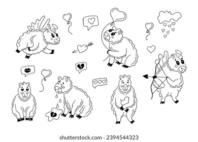 Cutie capybaras hand drawn doodles set. Sketch outline animals in love. Contour St Valentines concept illustration. Ideal for coloring pages, tattoo, pattern