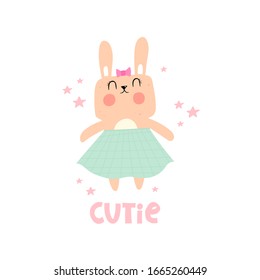 cutie. cartoon bunny, hand drawing lettering, decor elements. colorful illustration for kids, flat style. typography font, phrase. baby design for cards, t-shirt print, poster