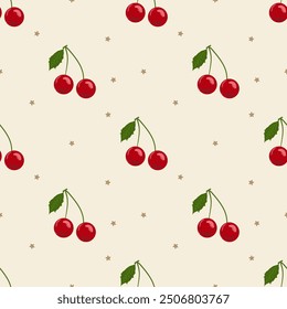 Cutie Cherries Berries Seamless Pattern with Golden Stars on Cream Beige Background. Duo Red Cherry Berry Fruits Hand drawn Decoration for Wrapping paper Gifts Fabrics Textiles Towel Cushion Cover Rug